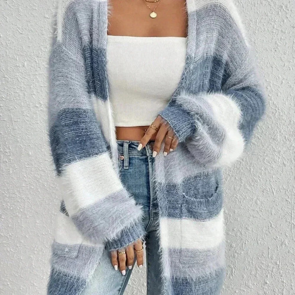 Multicolor Casual Women's Colorblock Drop Shoulder Fluffy Knit Duster Cardigan - Picture 1 of 7